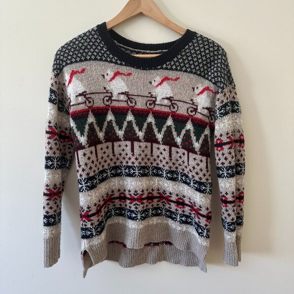 Abercrombie & Fitch Womens Pullover Sweater Beige Nordic Fair Isle Polar Bear M - Picture 1 of 5